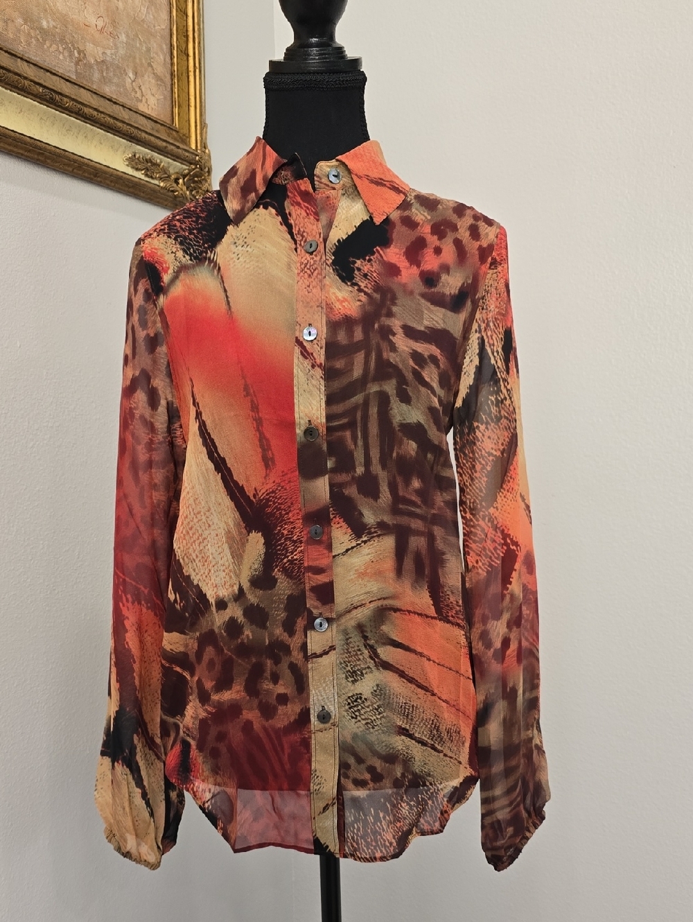 Da-Nang 100% Silk Sheer Abstract Safari Animal Print Blouse XS